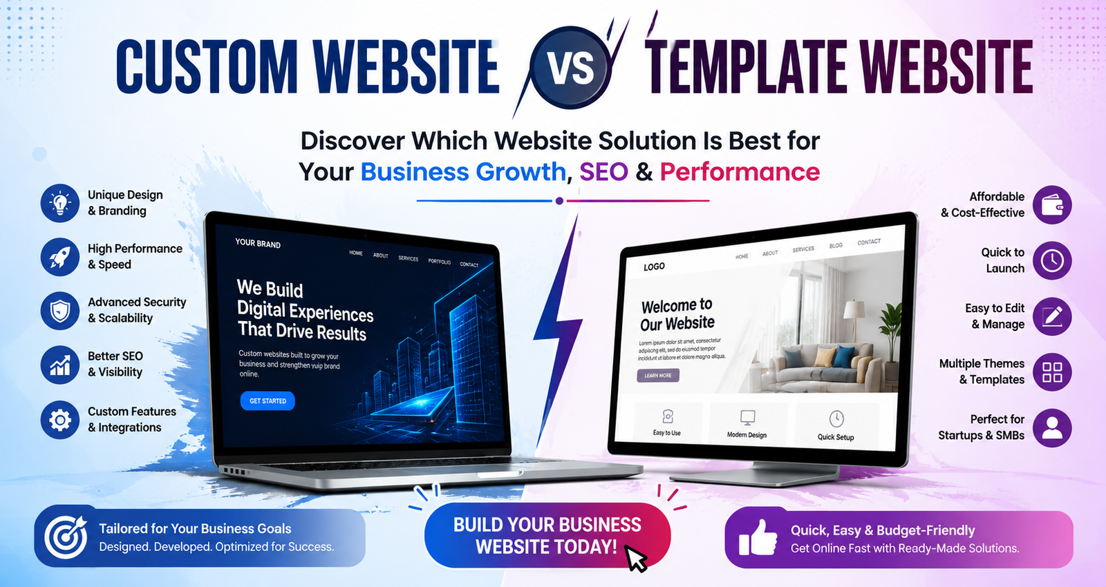 Custom Website vs Template Website comparison for business growth, SEO, performance, and scalability